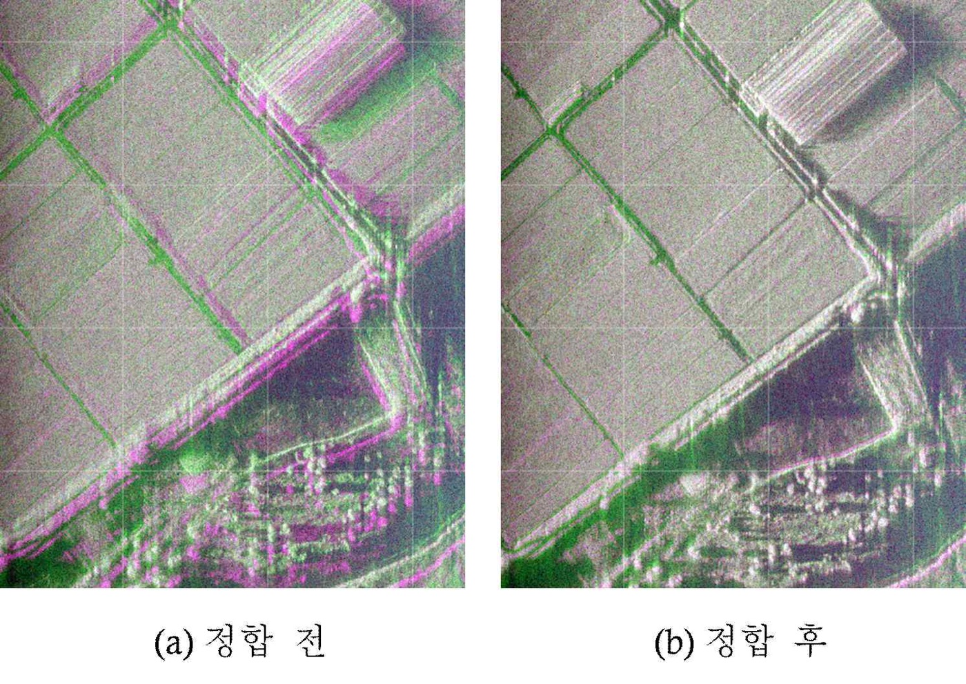 위상 상관 정합 전후 SAR 영상 비교